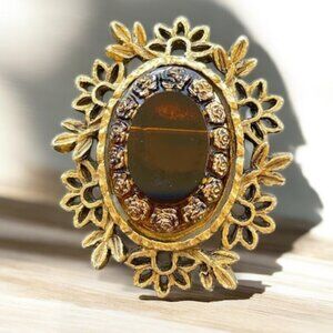 Vintage Gold Tone Root Beer Glass Victorian Style Brooch Filigree Dimensional